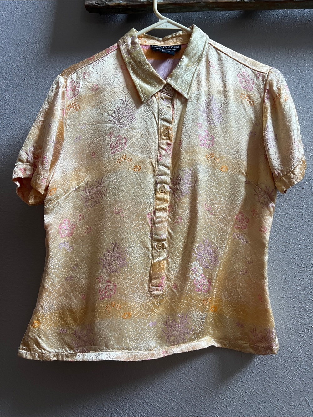 Silky Short-Sleeve Button Polo Blouse in light gold with Pink and Lilac Accents